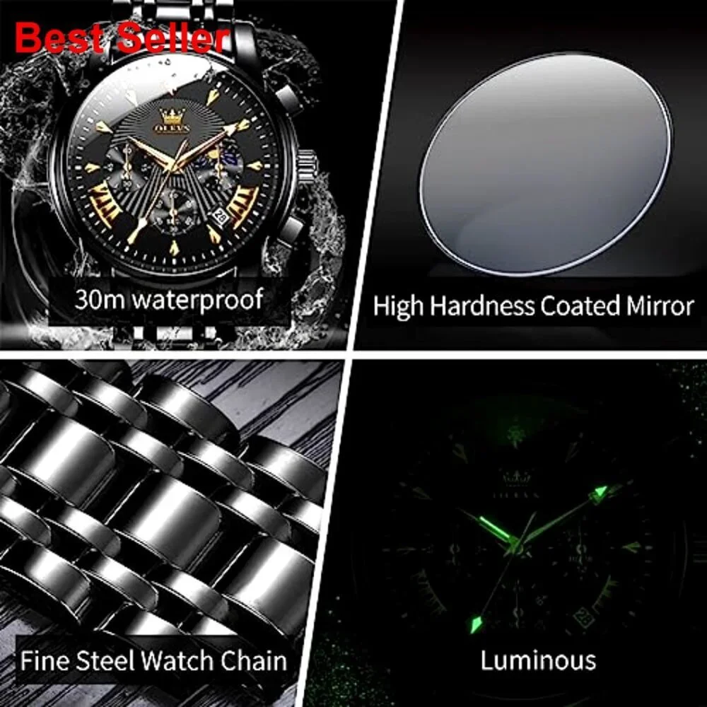 Men's Waterproof Luminous Chronograph Watch with Calendar Stainless Steel